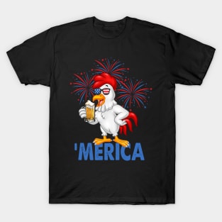 Merica Funny Chicken with beer USA Flag 4th of July T-Shirt